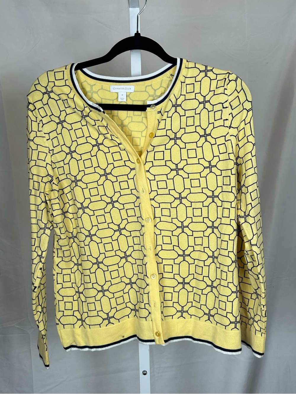 Charter Club Yellow Cardigan with Black Geometric Trim